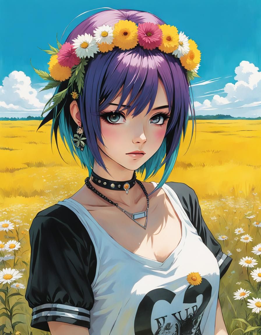 Emo Punk Princess with Flower Crown in Anime Style