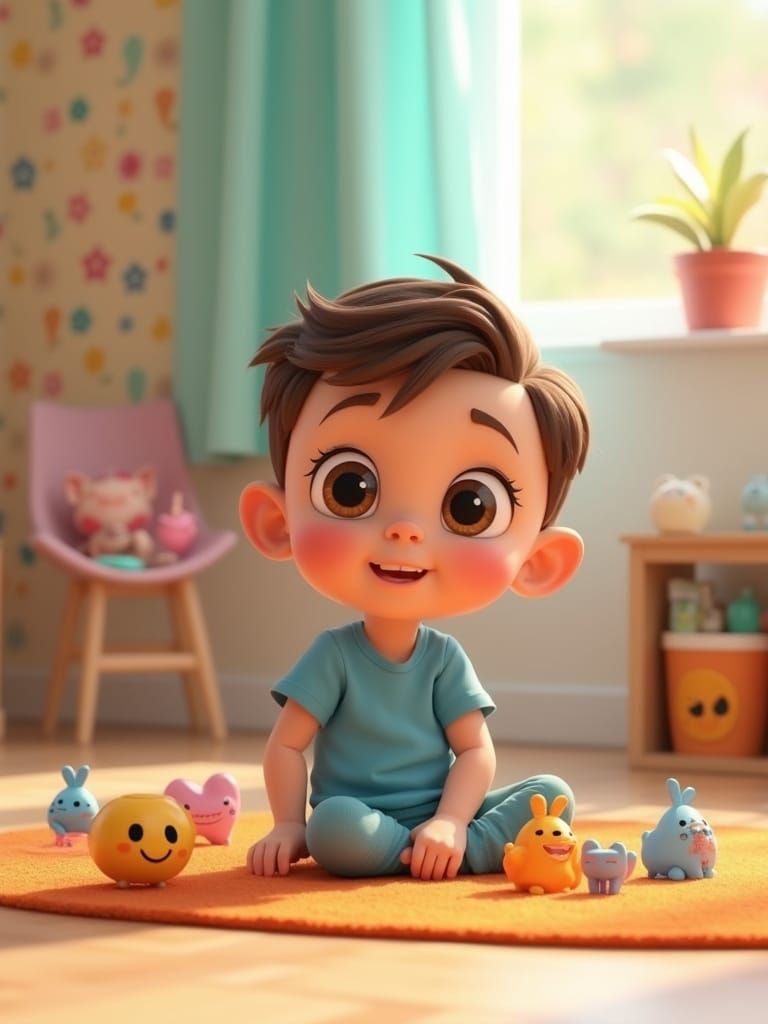 Charming 3D Boy Plays in Colorful Room