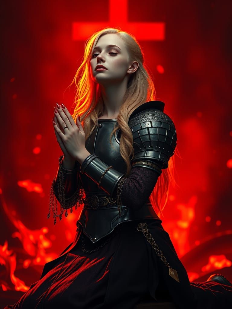 Armored Woman Praying in Fiery Inferno