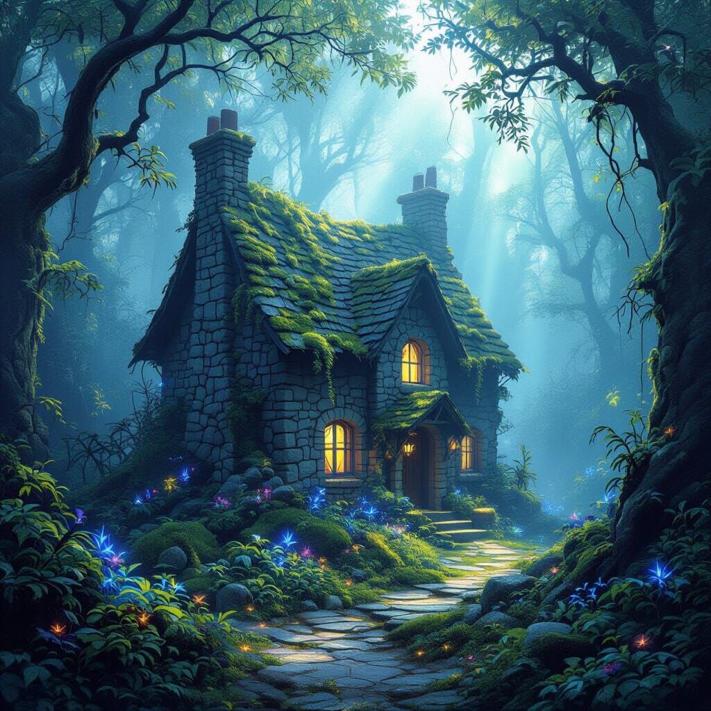 Enchanted Forest House in Ethereal Glow