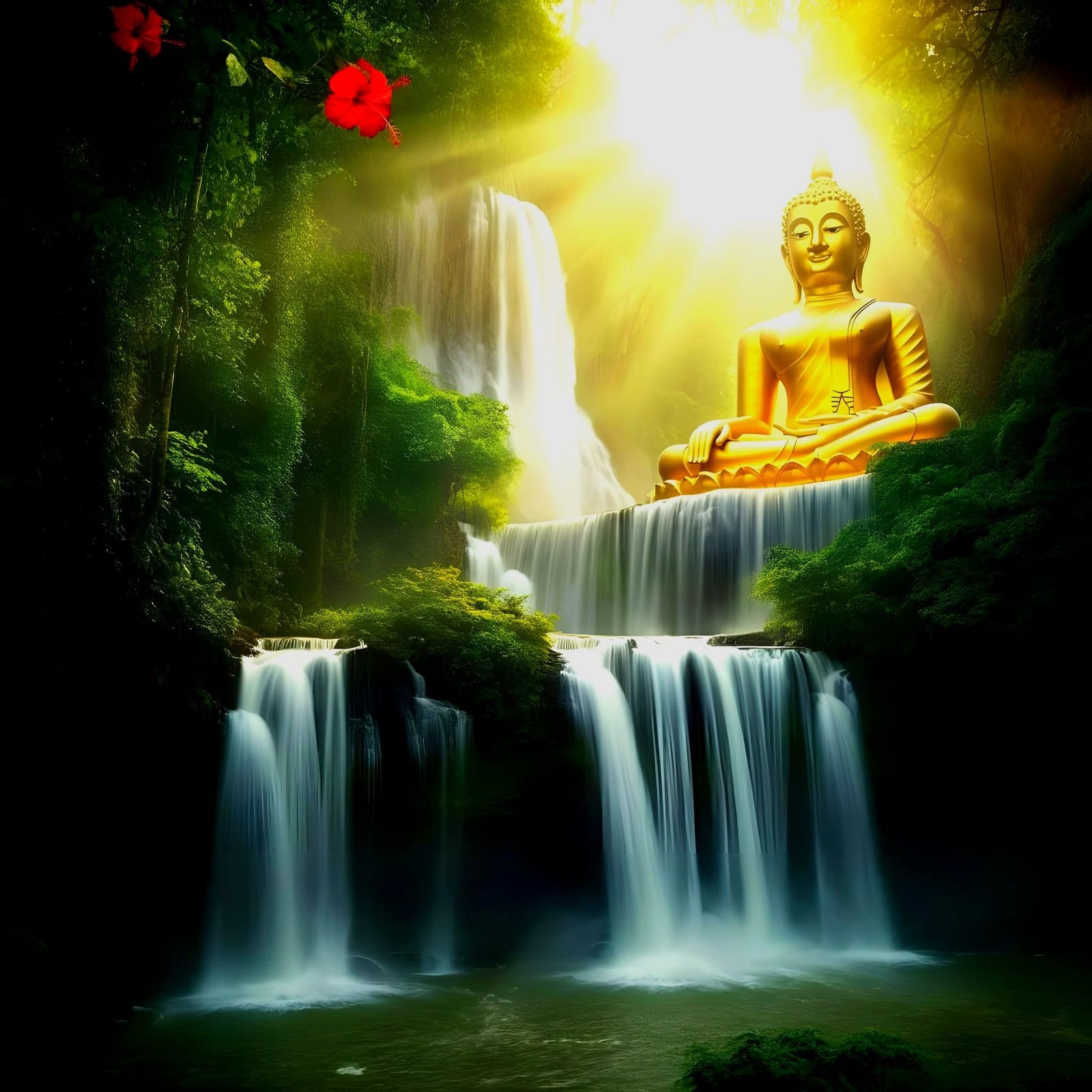 Majestic Golden Buddha Amidst a Radiant Waterfall
