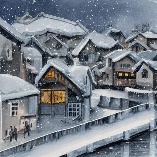 Modern Ink Painting of a Snowy European Village