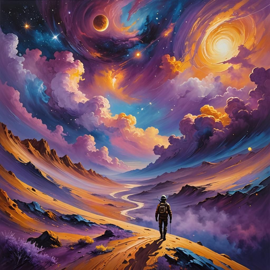 Lone Traveler on Distant Planet in Expressionist Oil Paintin...