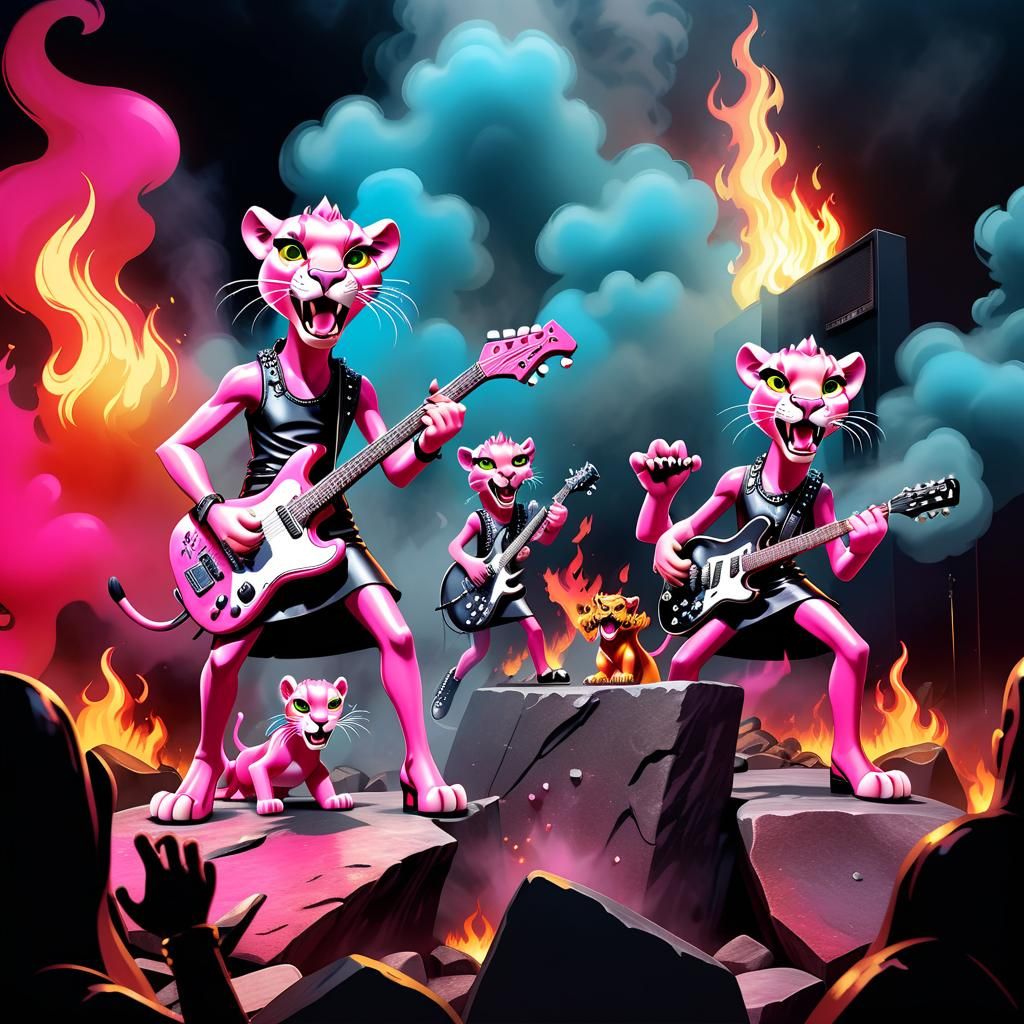 Cartoon Pink Panthers Rock Concert in Pop Art Style