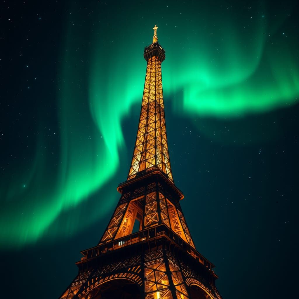 Eiffel Tower in Space with Aurora Borealis