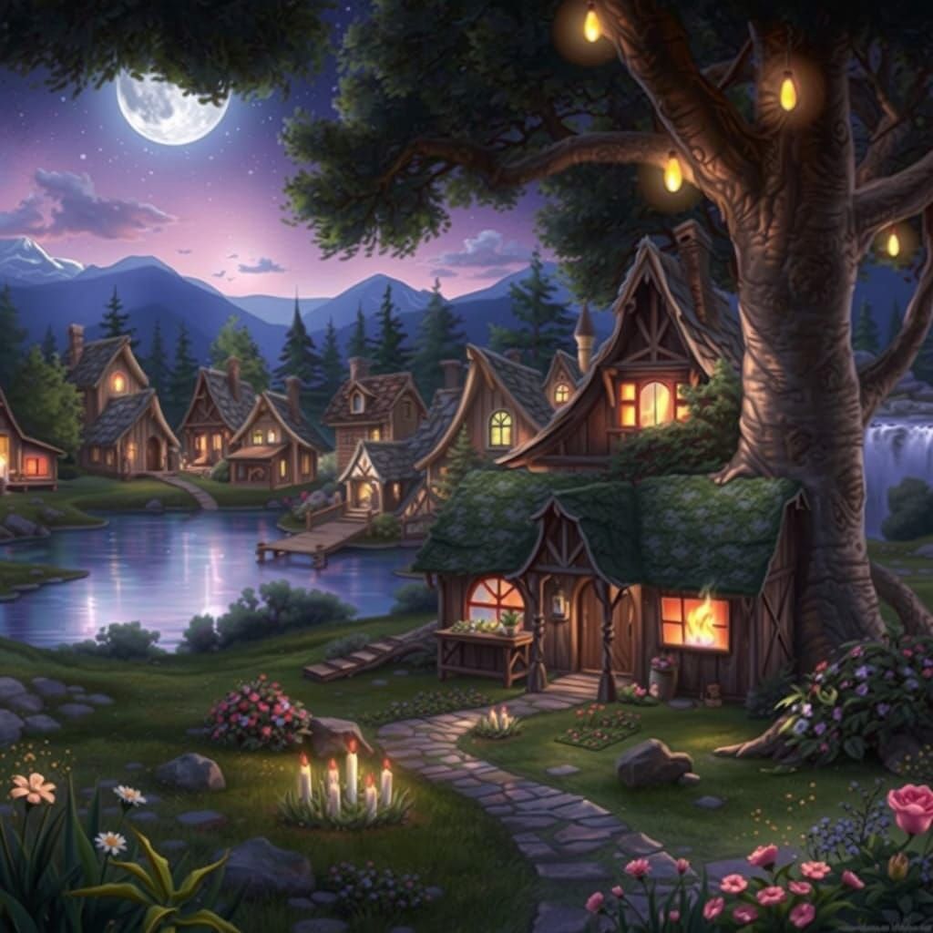 Fey Village at Dusk in Starry Night