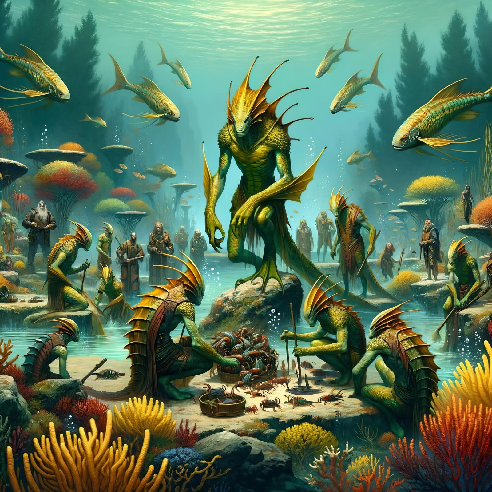 Locathah Underwater Encampment in Dark Fantasy Style