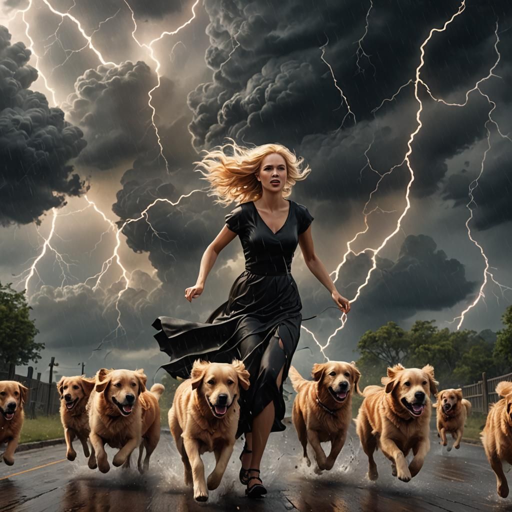 Blonde Girl Runs from Storm with Golden Retrievers