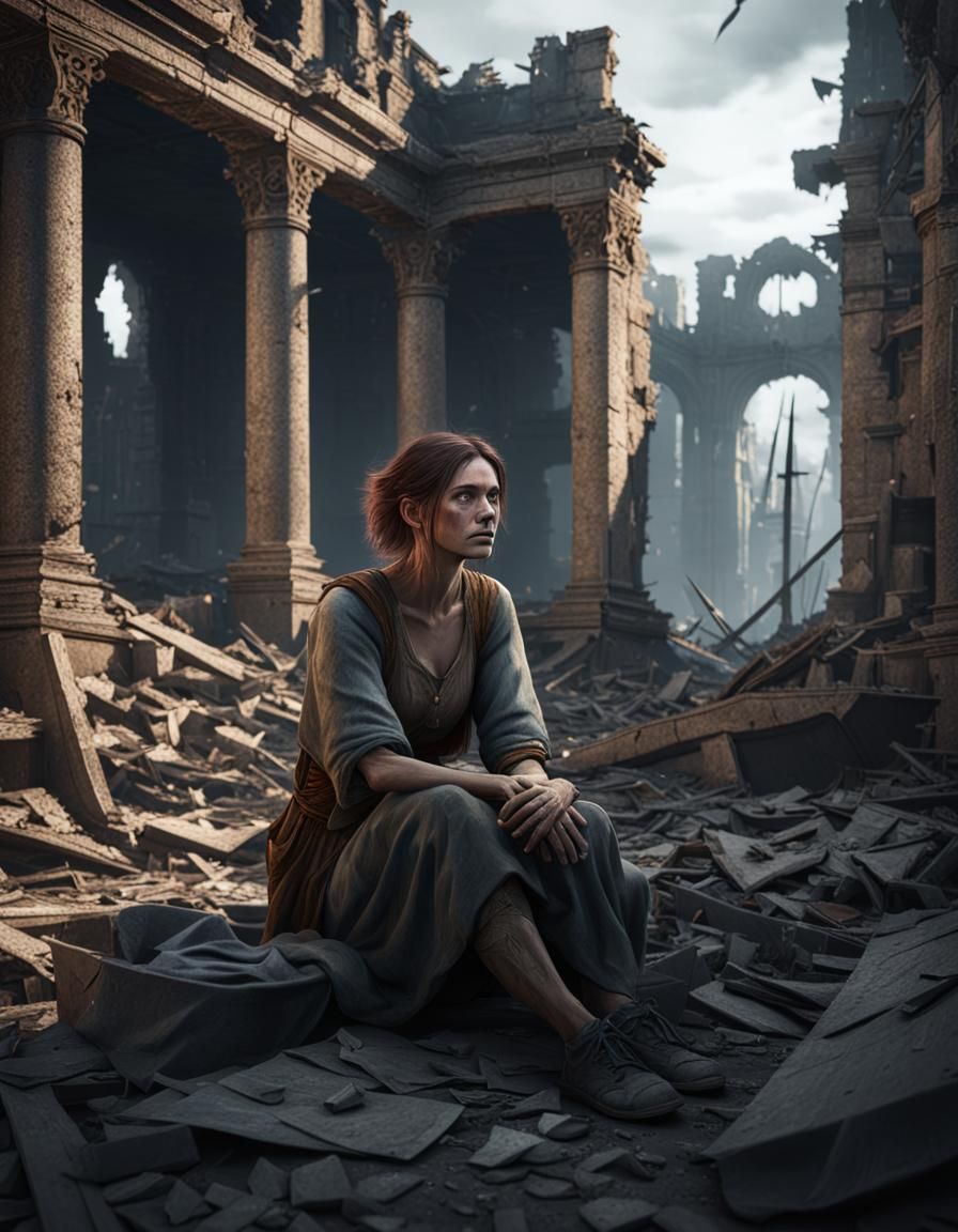 a poor girl in rags sitting among the ruins