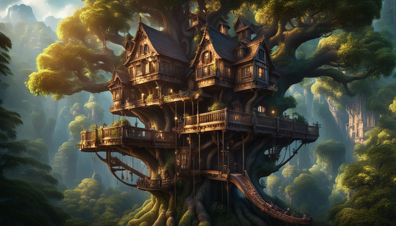 Detailed Treehouse in Forest, Fantasy Concept Art