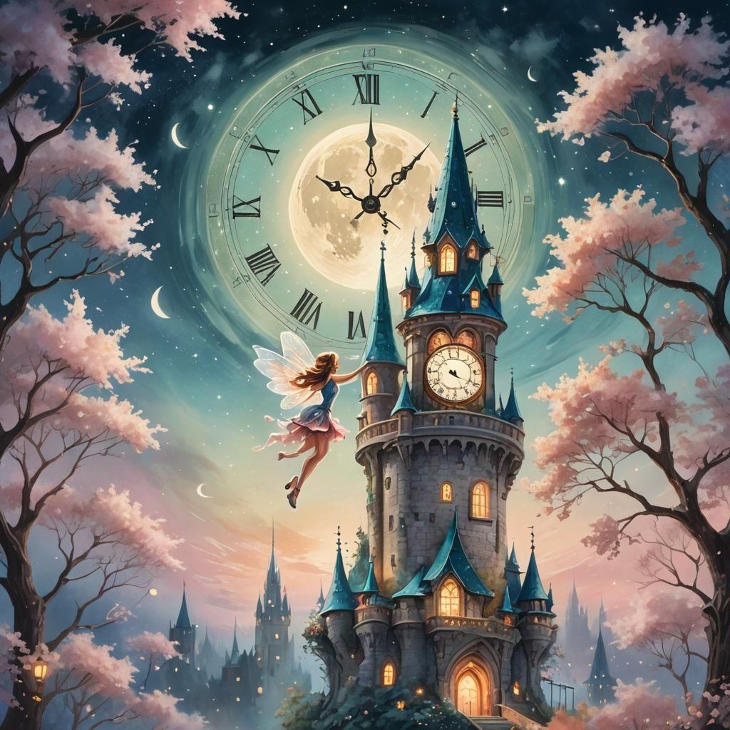 Fairy and Moonlit Tower in Fantasy Illustration