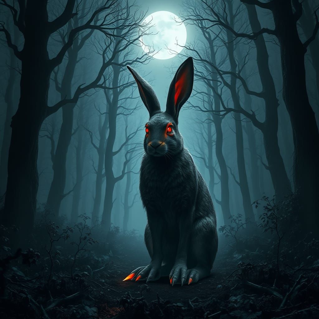 Eerie Giant Rabbit in Dark Forest: Gothic Realism