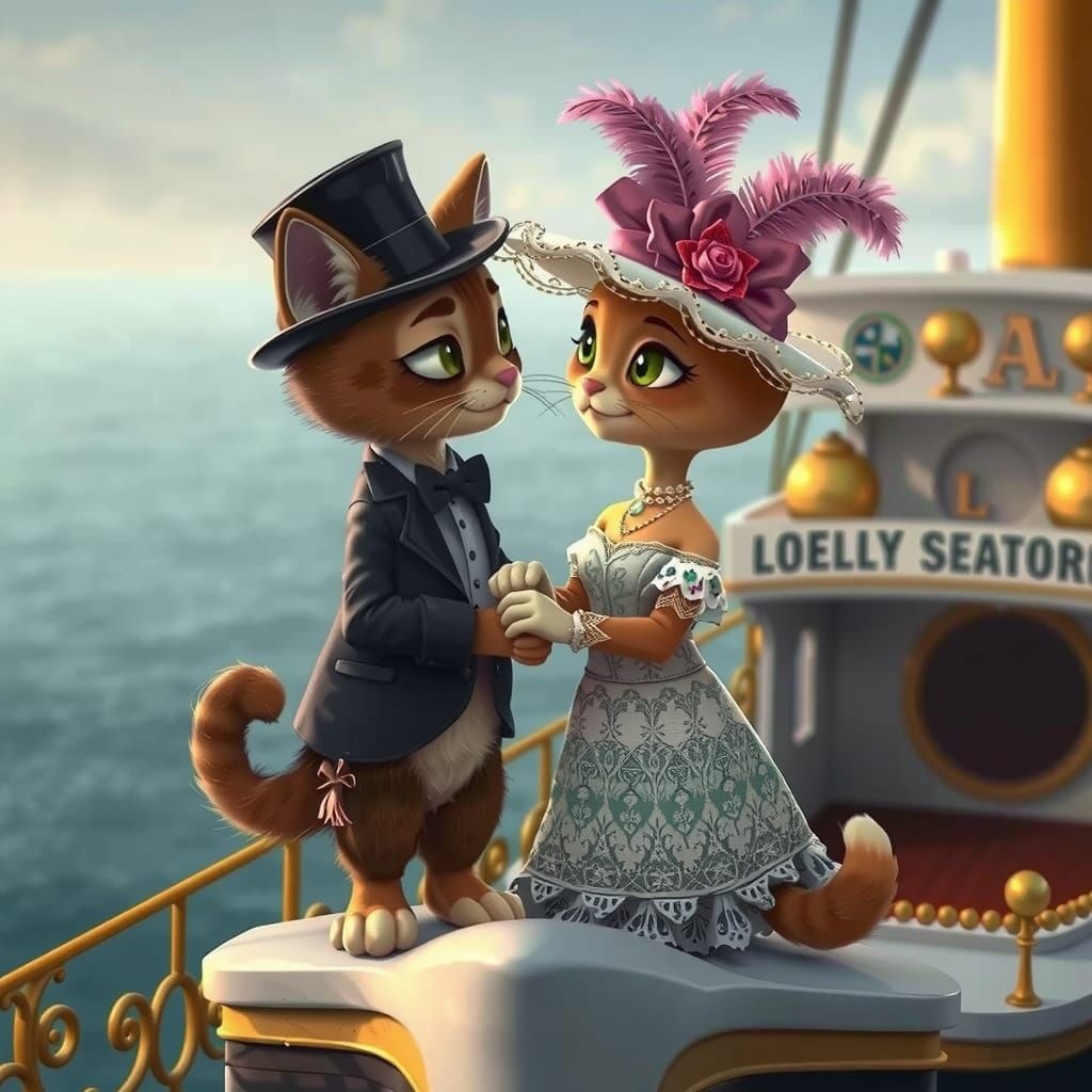 Romantic Cartoon Cats on Titanic's Bow in Belle Epoque Attir...