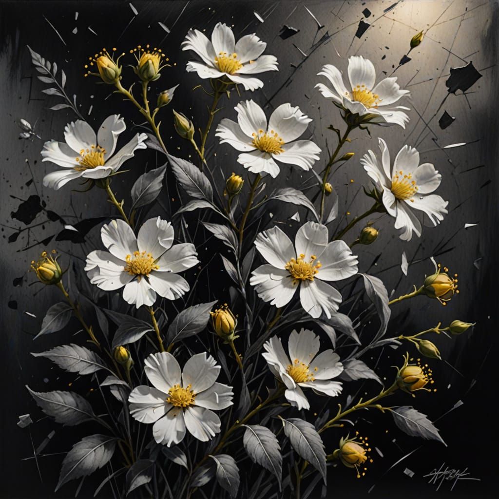 Charcoal Drawing of Abstract Canvas with Flowers