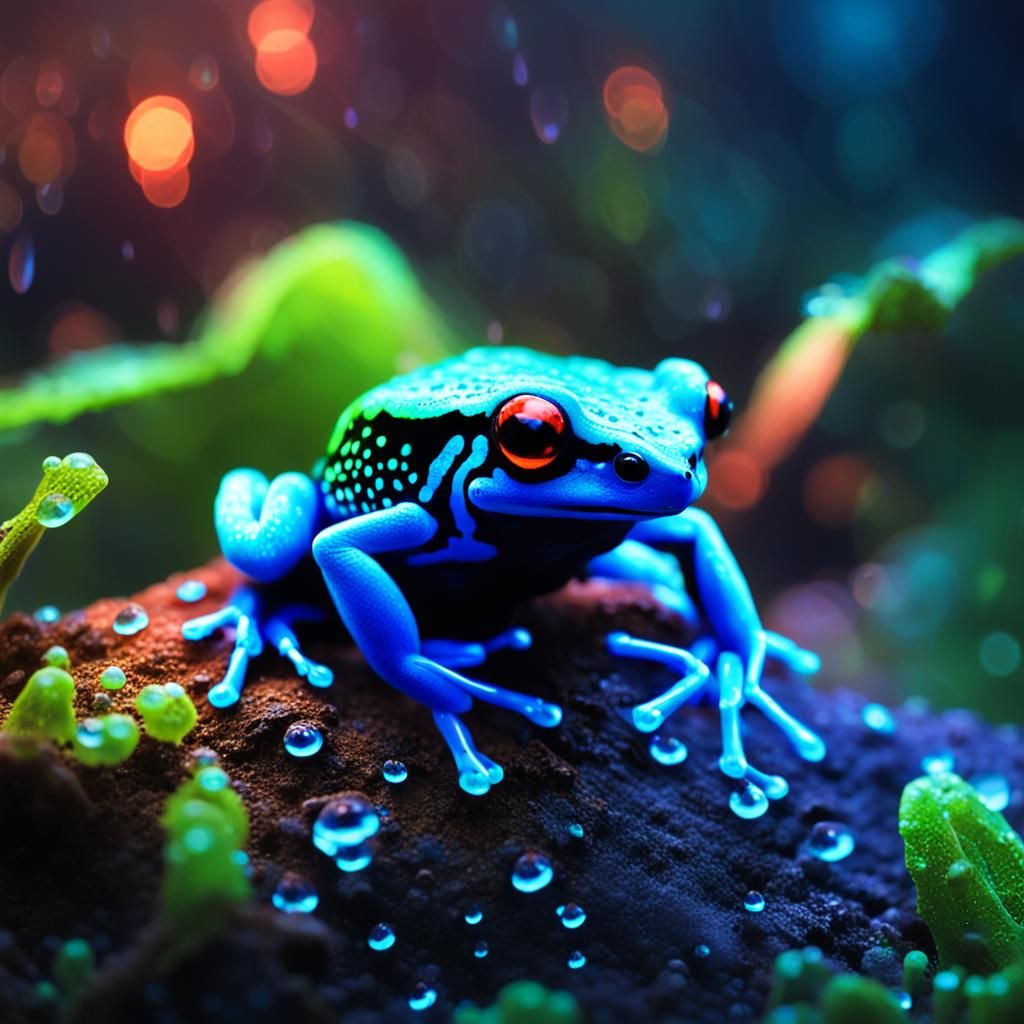 Neon Bioluminescent Frog in Misty Rainforest