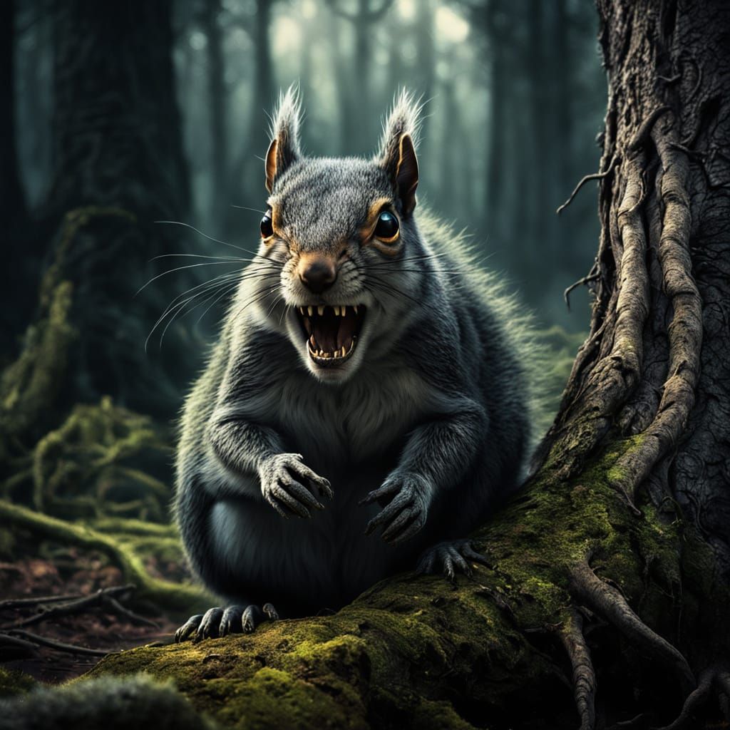 Ominous Squirrel Snarling in Dark Fantasy Forest