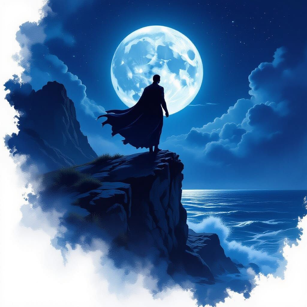 Masculine Silhouette on Cliff Under Full Moon