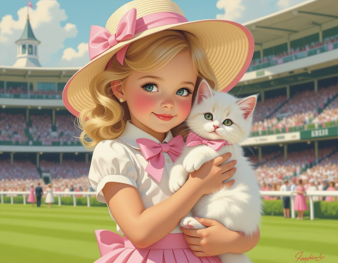 Girl with Kitten at Ascot in Pin-Up Style