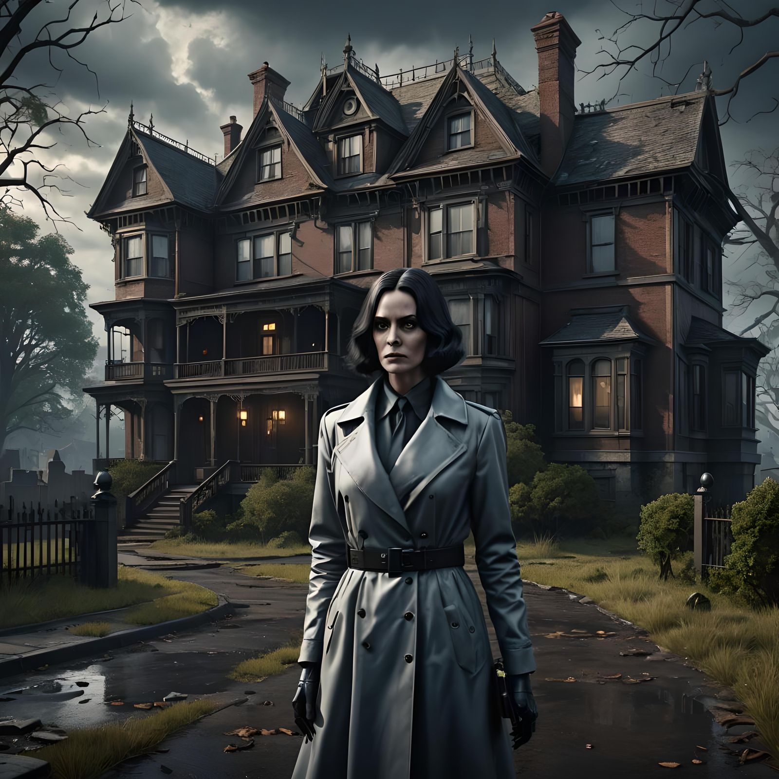 Noir Cyber Ghost Investigator in Stormy Setting