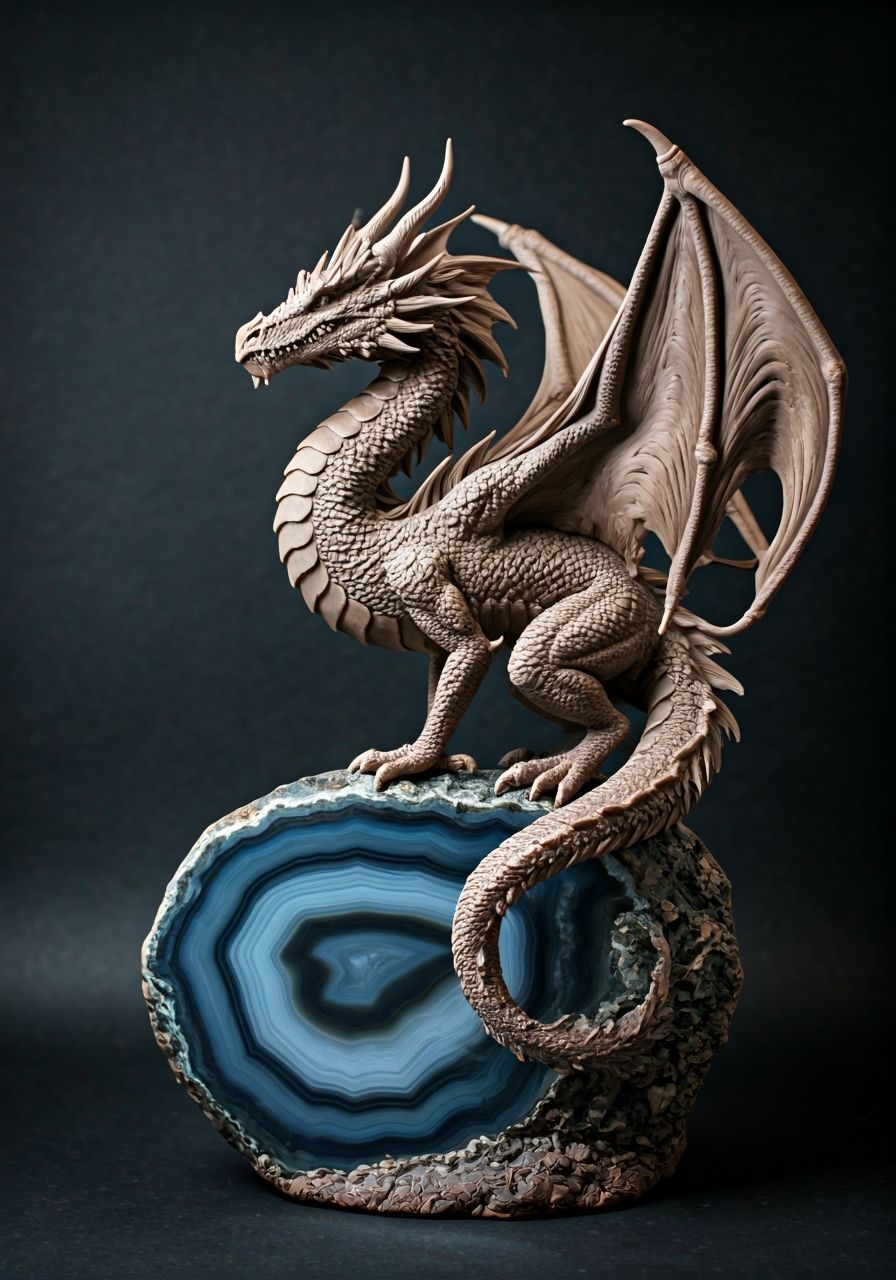 Detailed Clay Dragon Sculpture on Geode