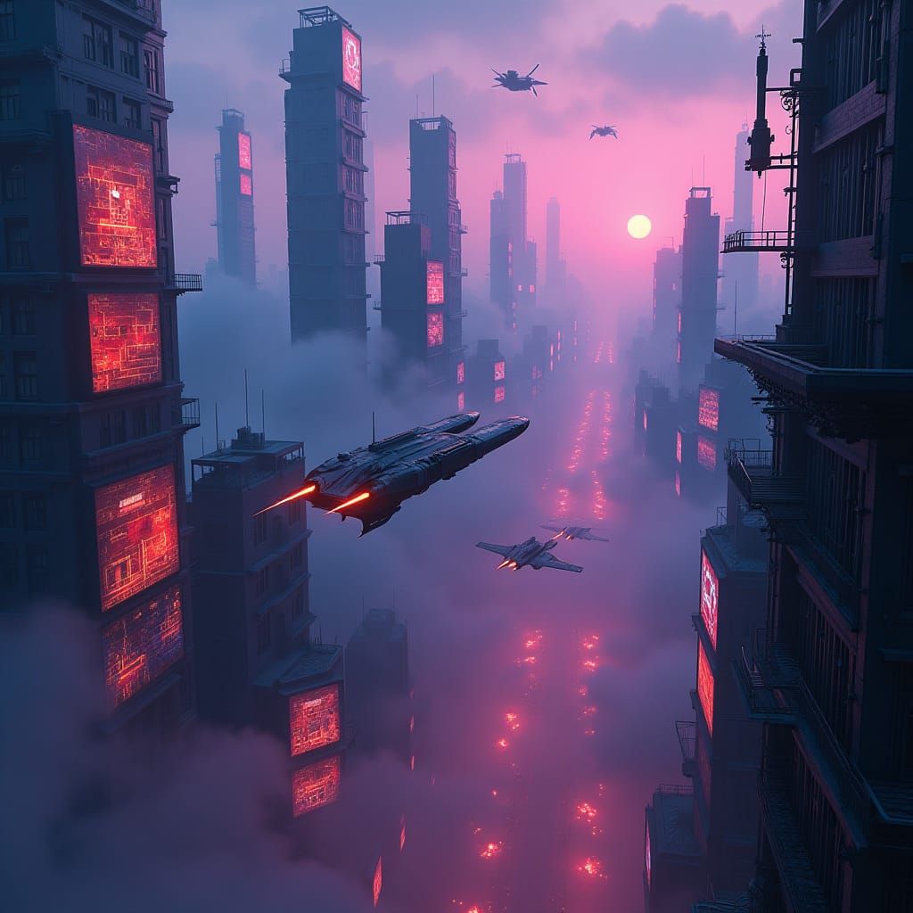 Dystopian Metropolis at Dusk in Cyberpunk Style