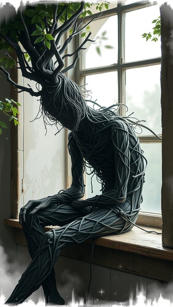 Silhouette of Sorrow: Branches Weeping on a Windowsill