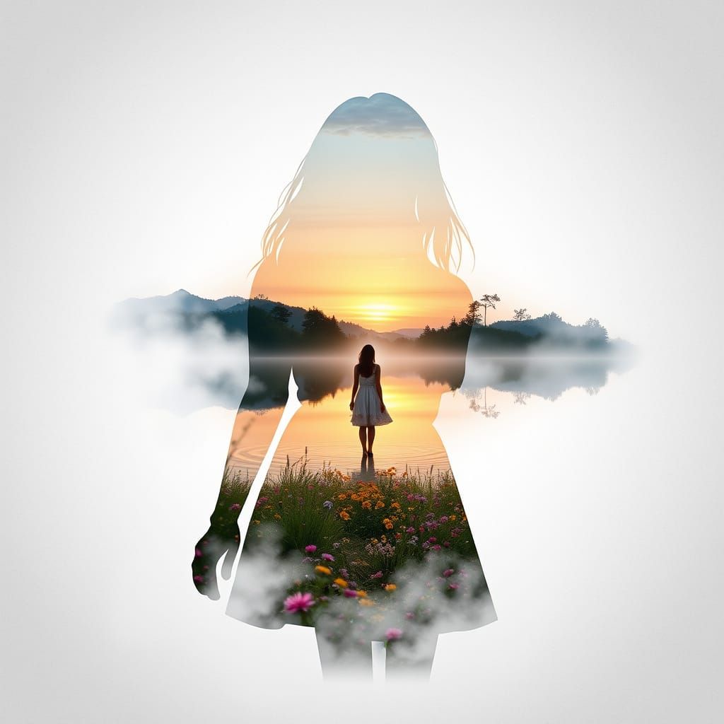 Dreamy Double Exposure: Woman in Watercolor Landscape