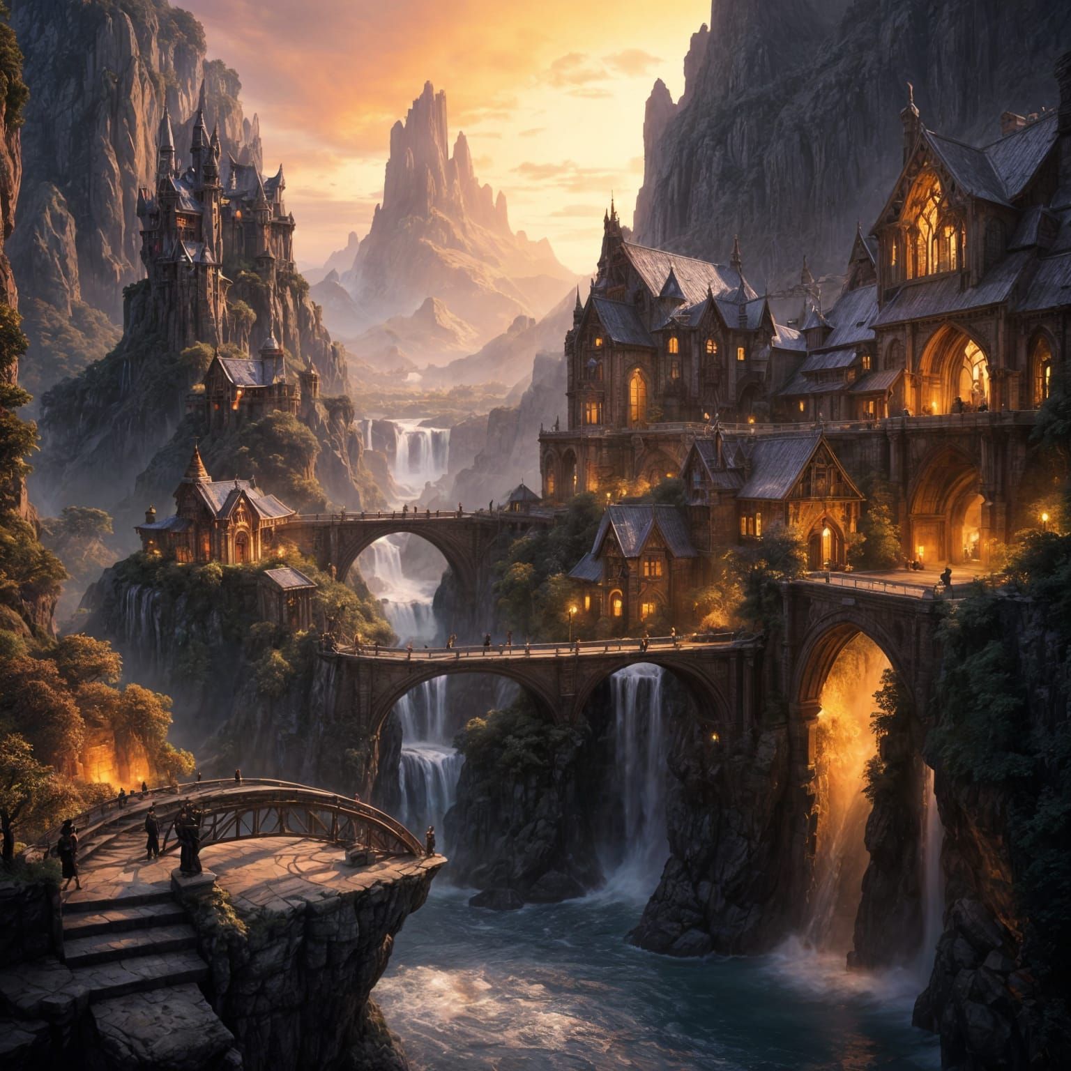 Epic Dwarven City Carved into Mountain at Golden Hour