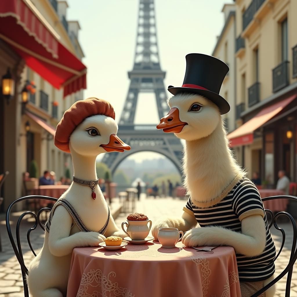 Goose and Llama Enjoying Coffee in Paris
