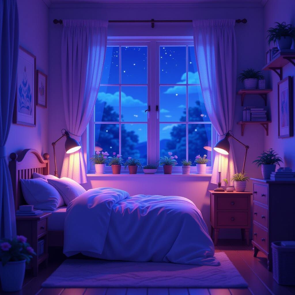 Cozy Bedroom in Ethereal Purple Light