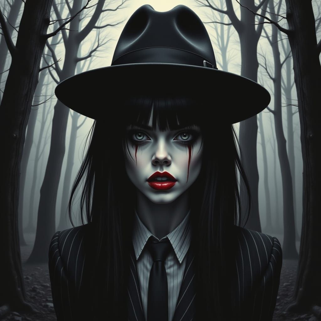 Goth Woman in Dark Forest: Analog Horror Style