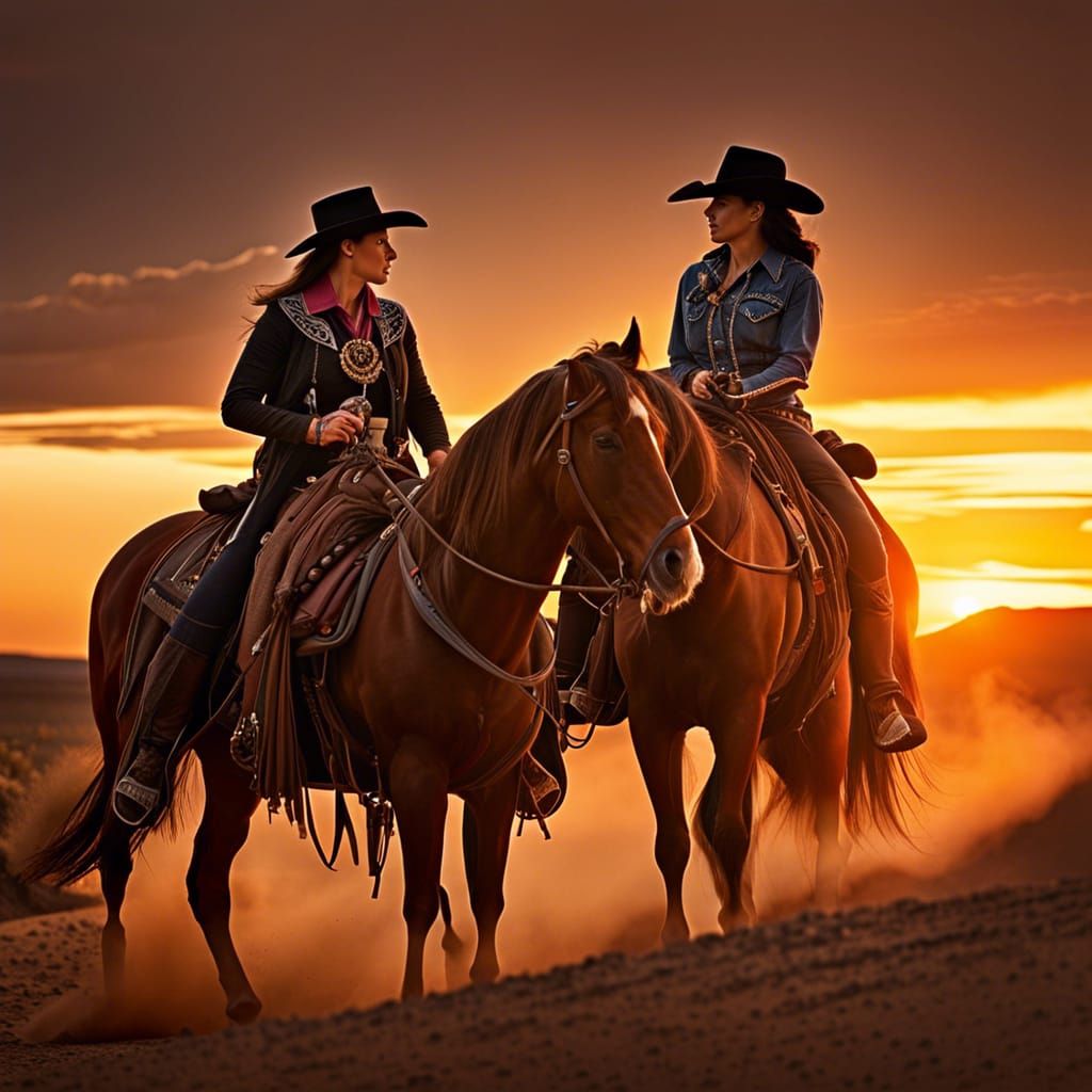 Sunset Showdown Between Cowboy and Cowgirl in Desert