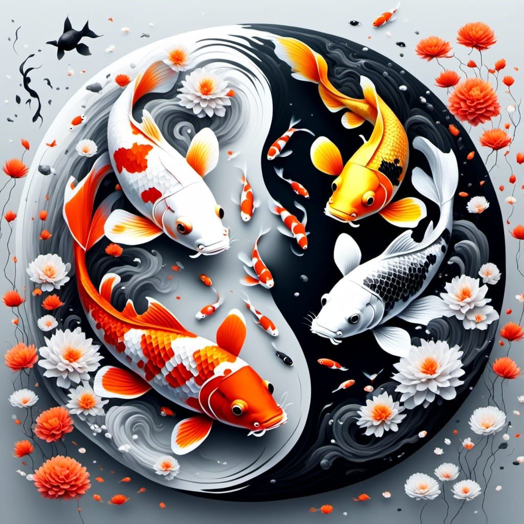 Yin Yang Koi Fish in Black and White