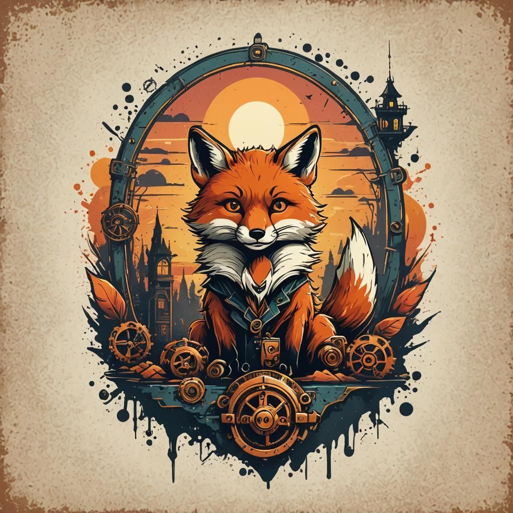 Steampunk Fox Logo on Vintage Sunset T-Shirt