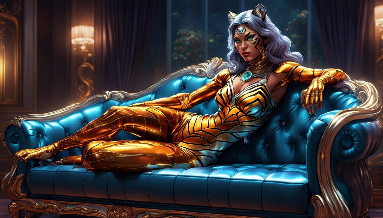 Tiger Woman on Luxury Couch in Glossy Metallic Style