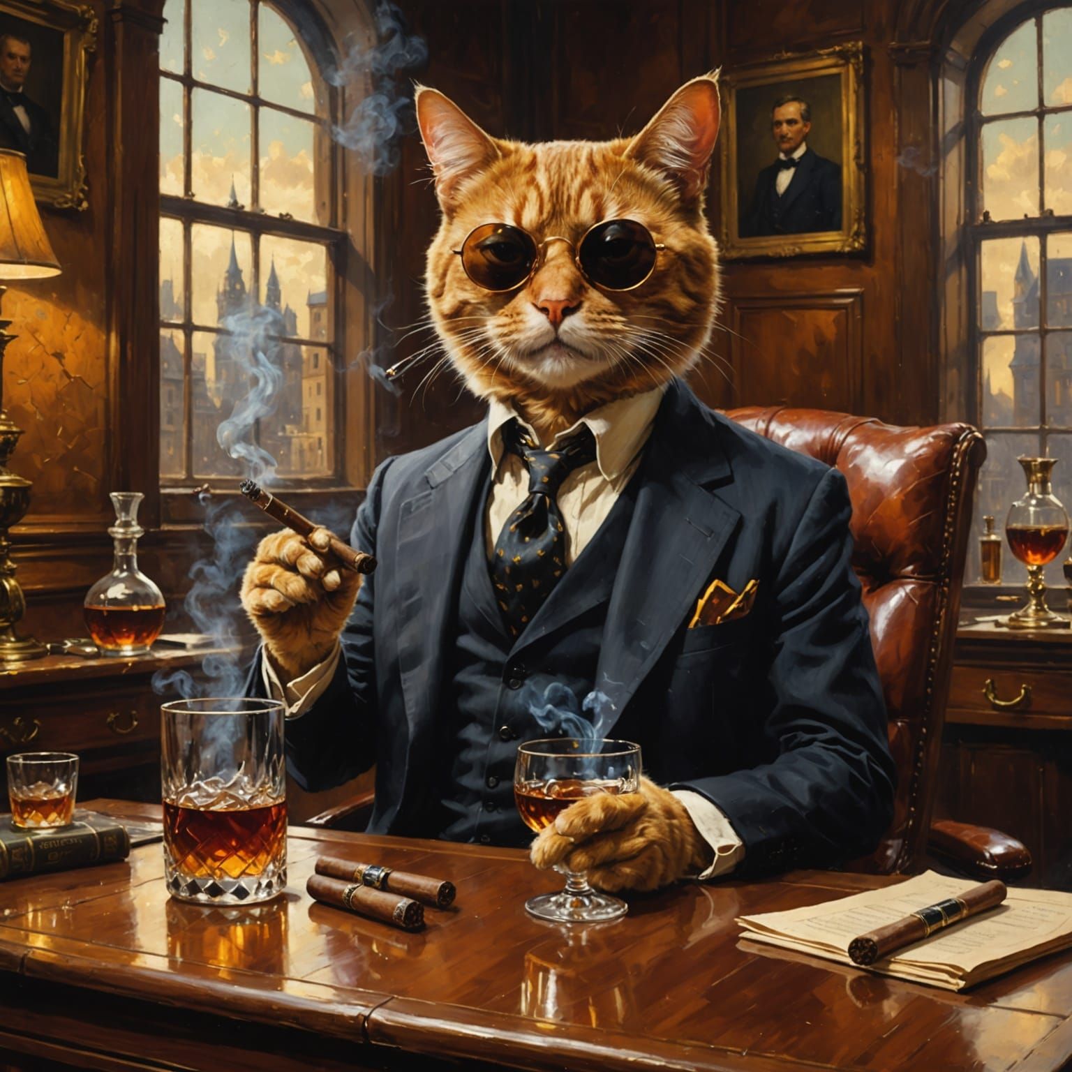 Vintage Cat in Office, Oil Painting