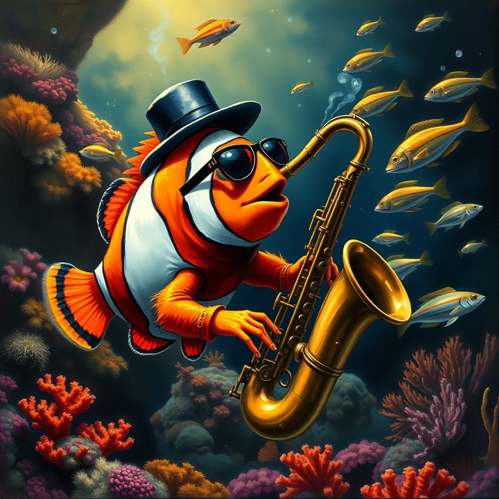 Clownfish Jazz Musician in Coral Reef, Neo-Expressionist