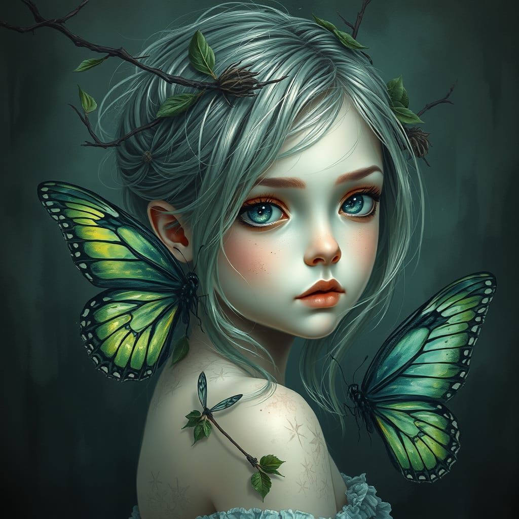 Oil and alcohol ink surreal pale girl with green hair, silver highlight, eyes look a big butterfly, twigs and leaves in ...