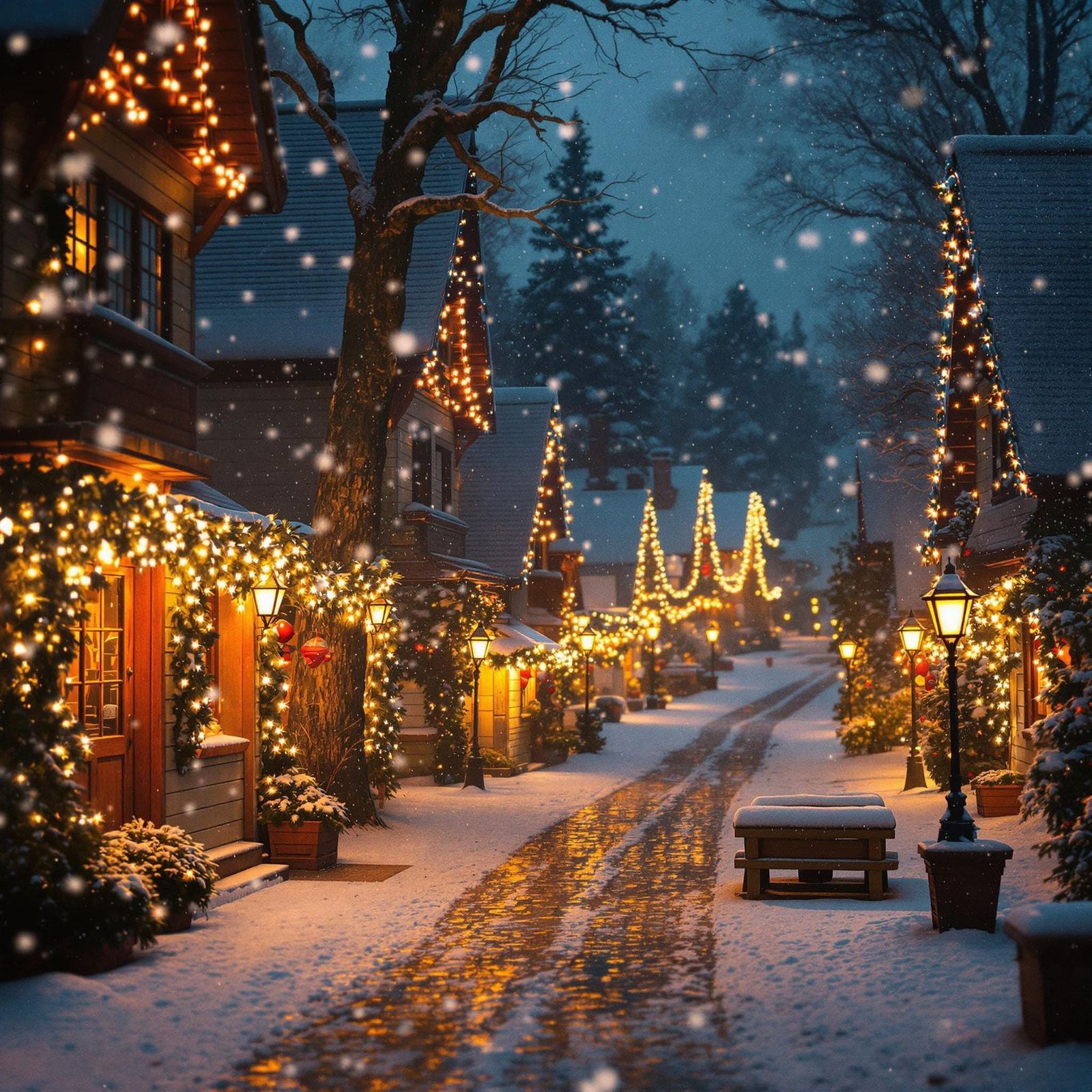 Idyllic Town Under Snowfall with Christmas Lights