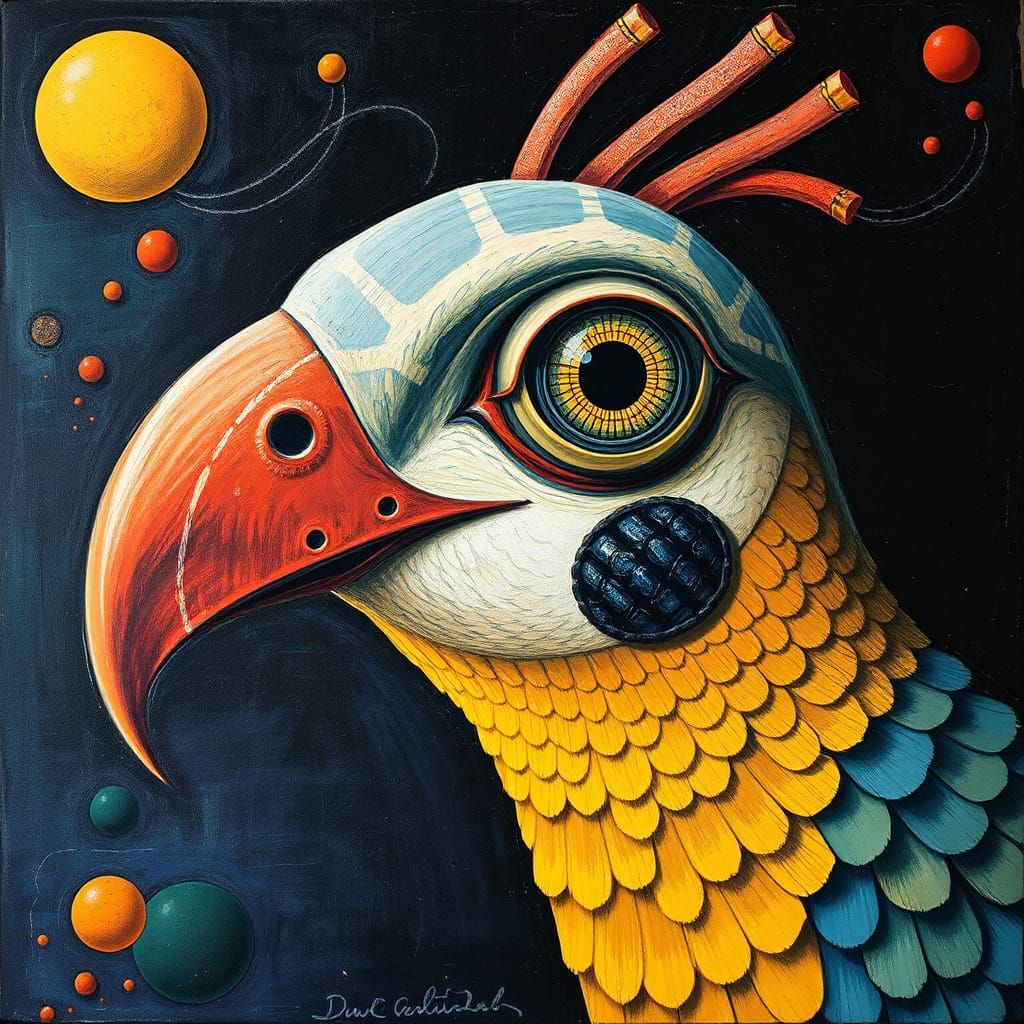 Vibrant Folk Art Bird Portrait in Mixed Media Style