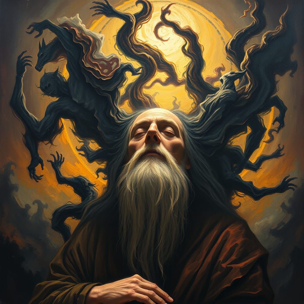 Wise Figure Confronts Inner Turmoil in Surreal Oil Painting