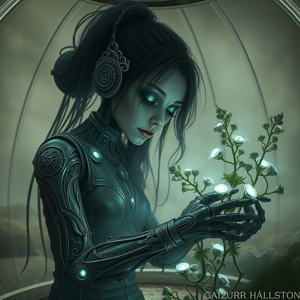 Gothic Cyborg Botanist and Bioluminescent Flora