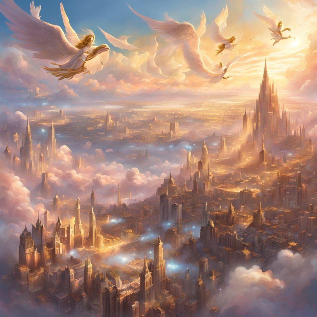 Celestial Cityscape Above Clouds with Angels
