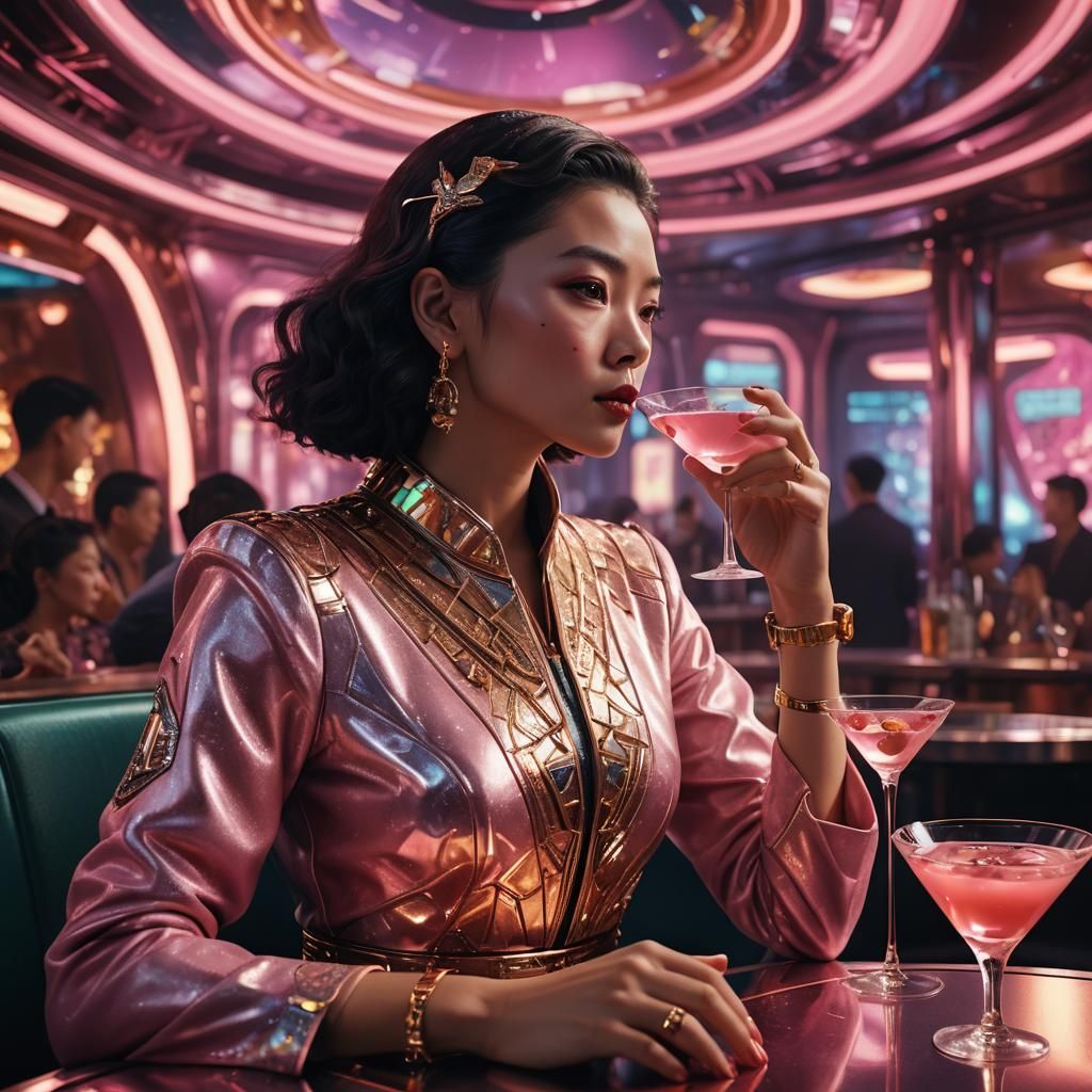 Eurasian Woman Drinks Martini in Futuristic Bar