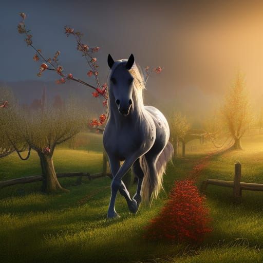 Winged Horse in Apple Orchard Fantasy Art