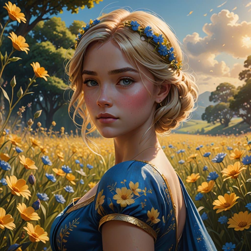 Disney Princess in Flower Field, Vibrant Oil Painting