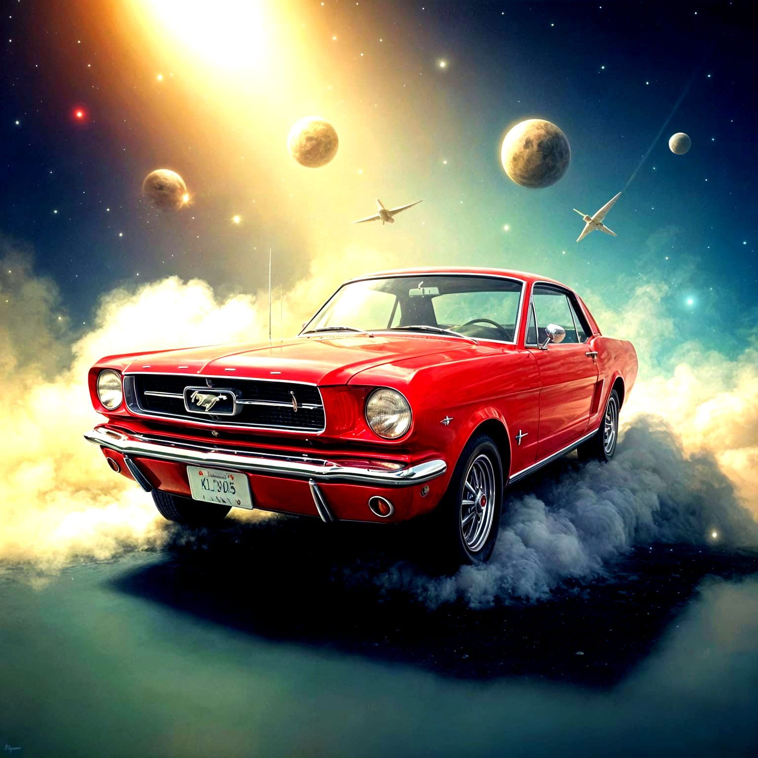 Surreal 1964 Red Ford Mustang in Dreamlike Cosmic Scene