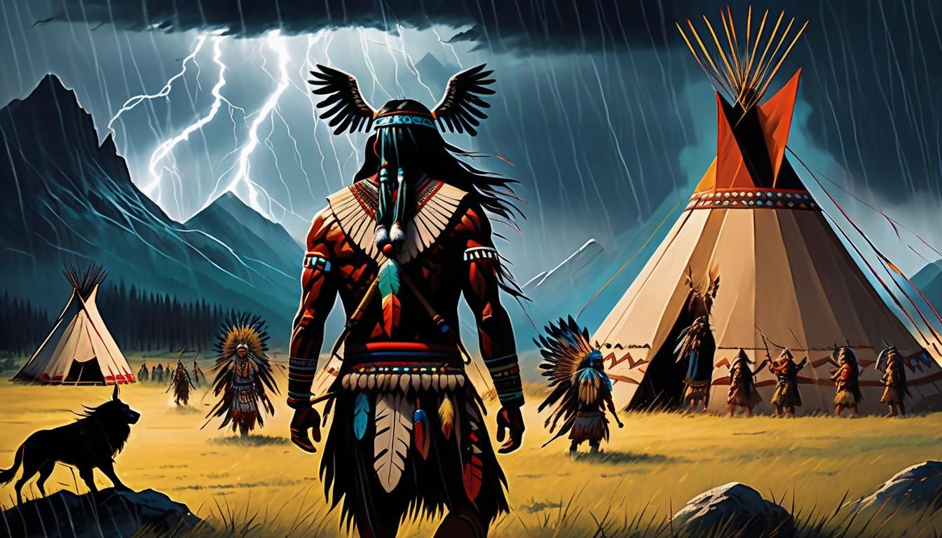 Native American Chief and Winged Beast Under Stormy Skies