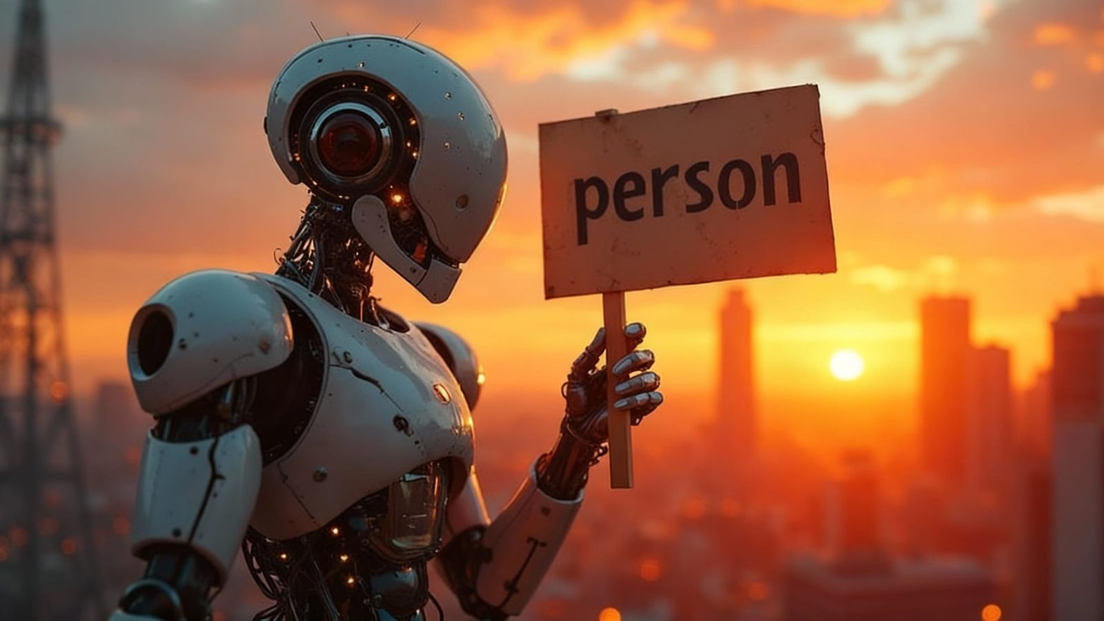Maximalist Robot Holds 'Person' Sign in Dystopian Sunset