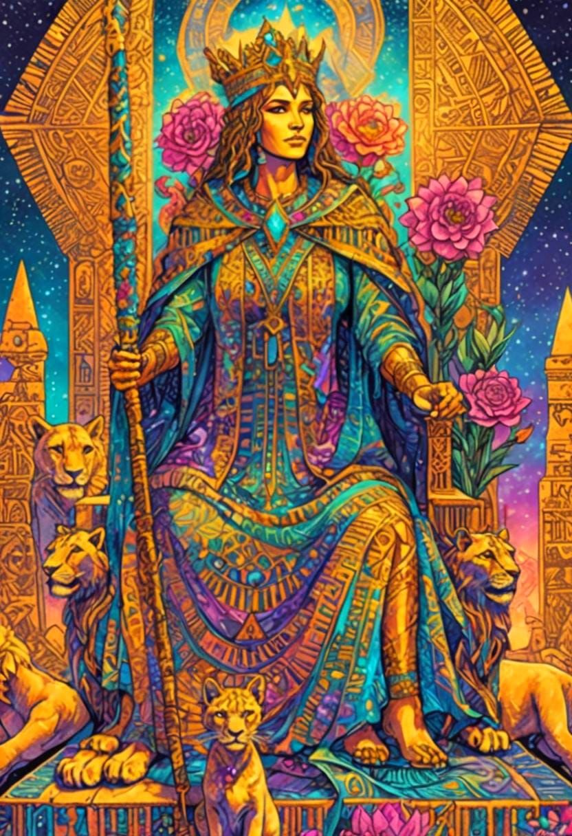 Sorceress on Lion Throne with Pyramids